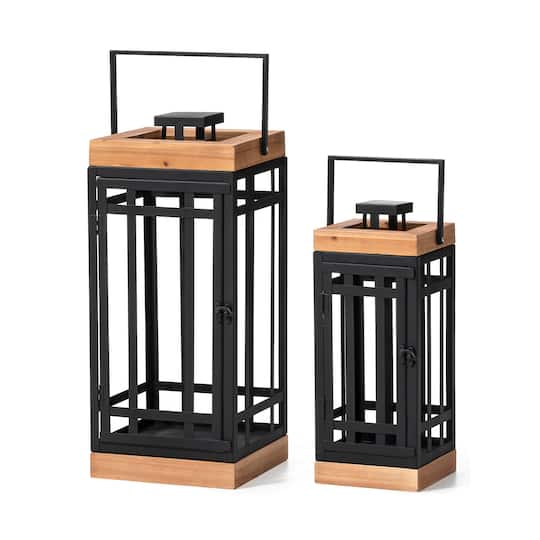 Glitzhome® Black Modern Square Metal & Wood Lanterns Set